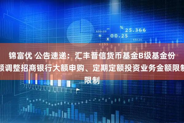 锦富优 公告速递：汇丰晋信货币基金B级基金份额调整招商银行大额申购、定期定额投资业务金额限制